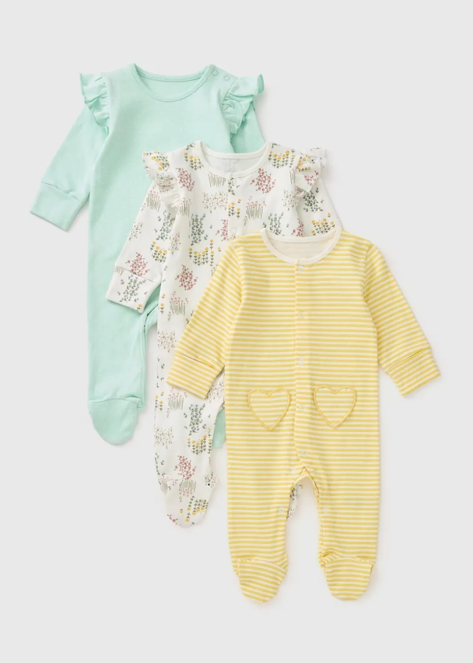 3 Pack Baby Multicolour Patterned Sleepsuits (Newborn-18mths)