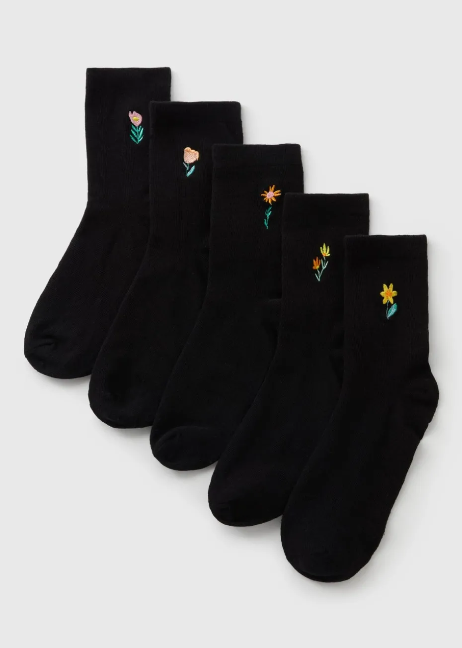 5 Pack Black Floral Embellished Crew Socks