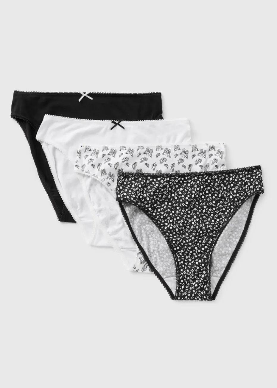 4 Pack Black Mono Butterfly High Leg Knickers