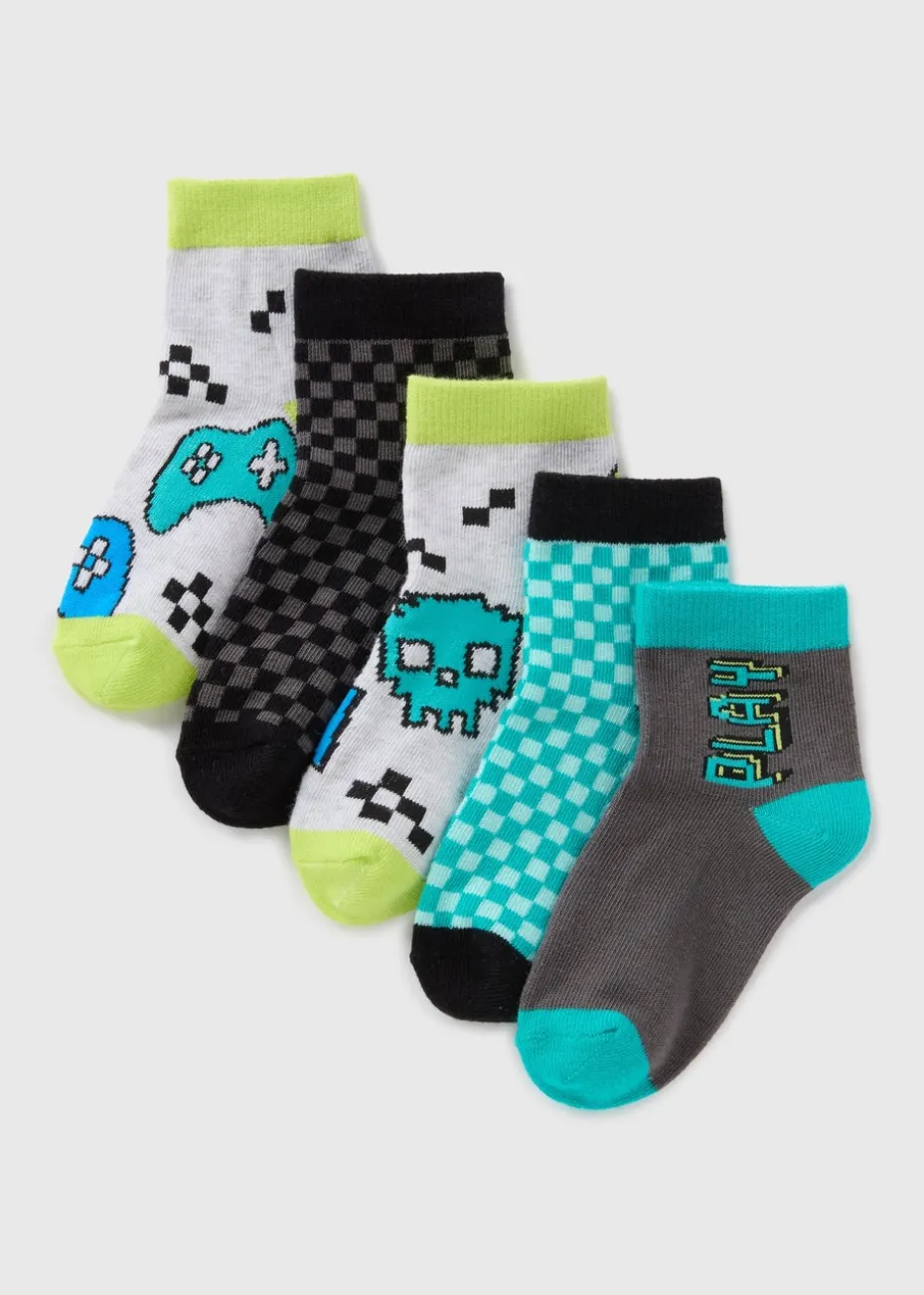 5 Pack Boys Multicolour Gamer Socks (Younger 6-Older 6.5)