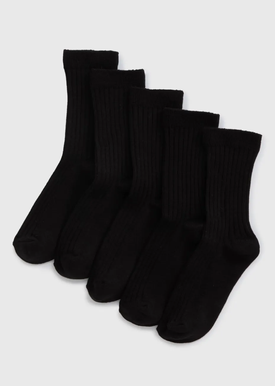 5 Pack Girls Black Ribbed Socks (Younger 9-Older 6.5)