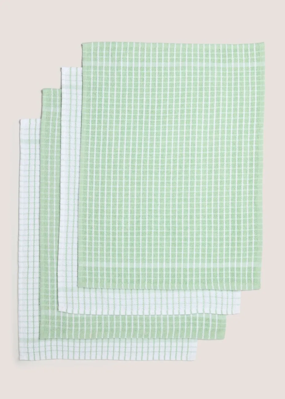 4 Pack Light Green Check Terry Tea Towels (60cm x 45cm)