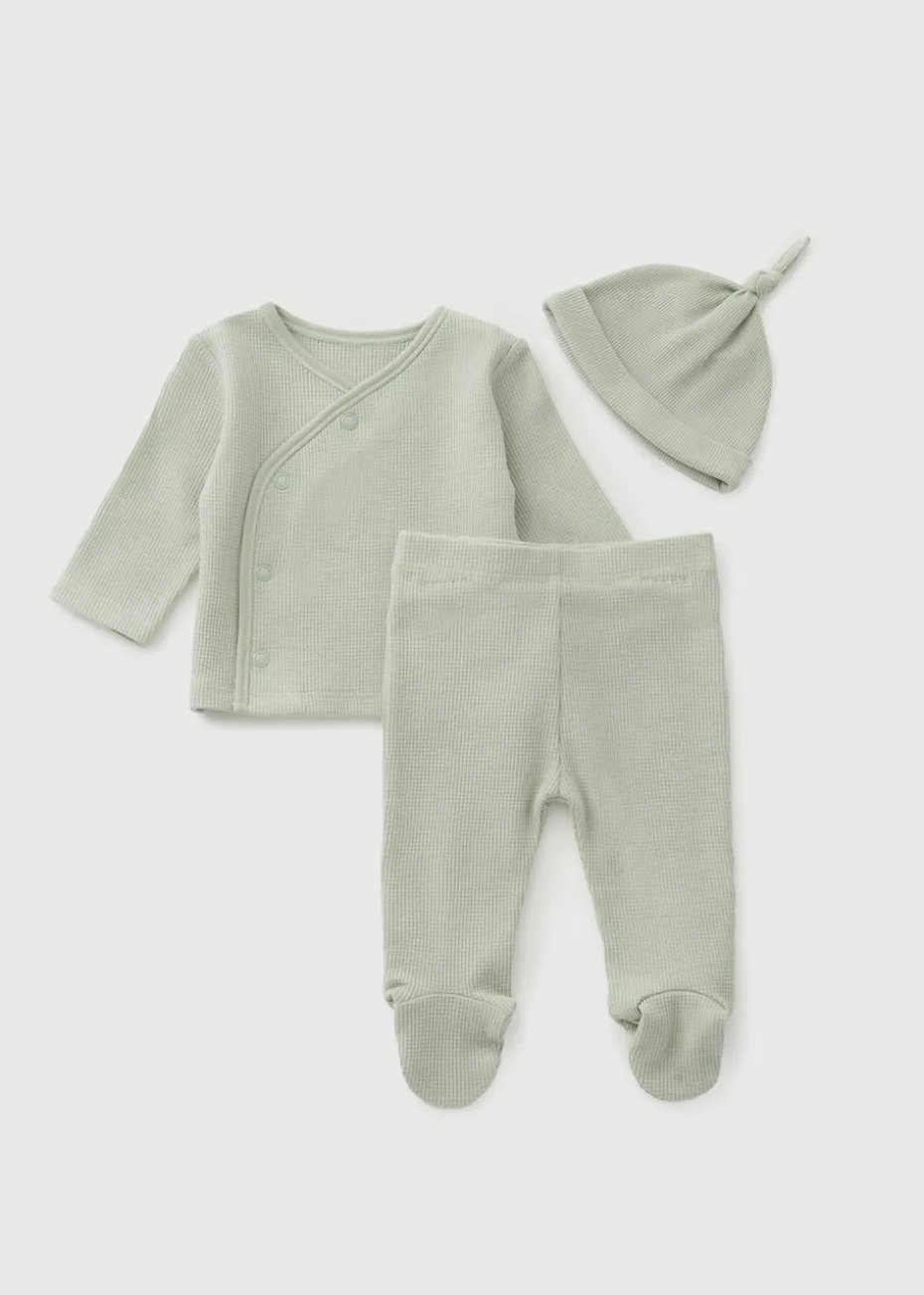 3 Piece Sage Blue Waffle Top & Trouser Set (Newborn-12mths)