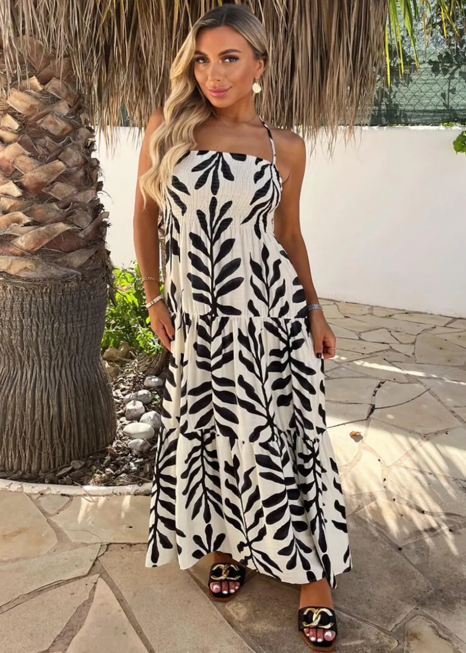 AX Paris Black & White Leaf Print Tie Neck Shirred Top Smock Midi Dress