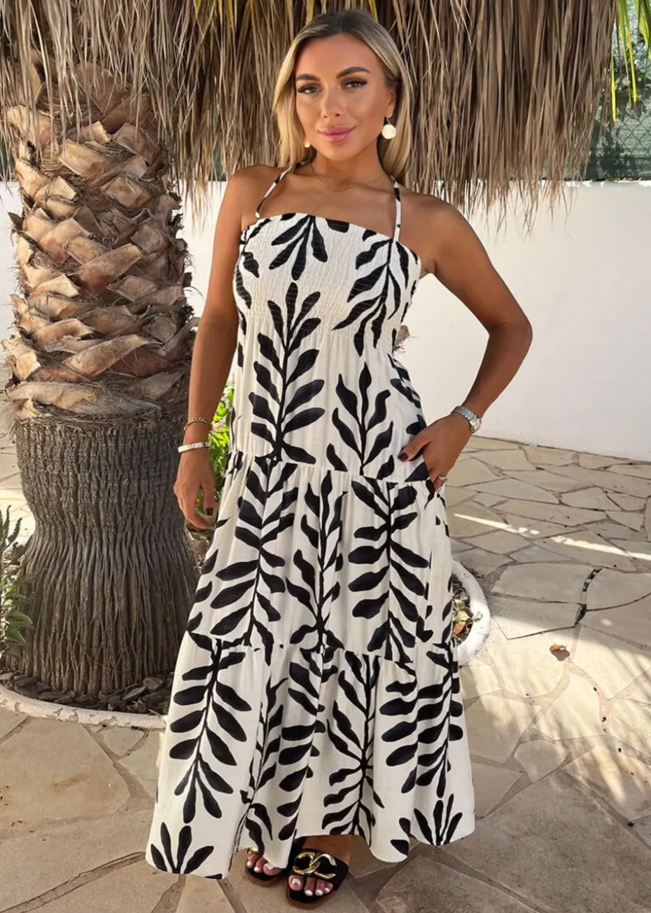 AX Paris Black & White Leaf Print Tie Neck Shirred Top Smock Midi Dress