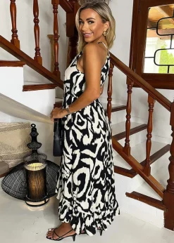 AX Paris Black And White Abstract Print Racer Neck Frill Hem Midi Dress
