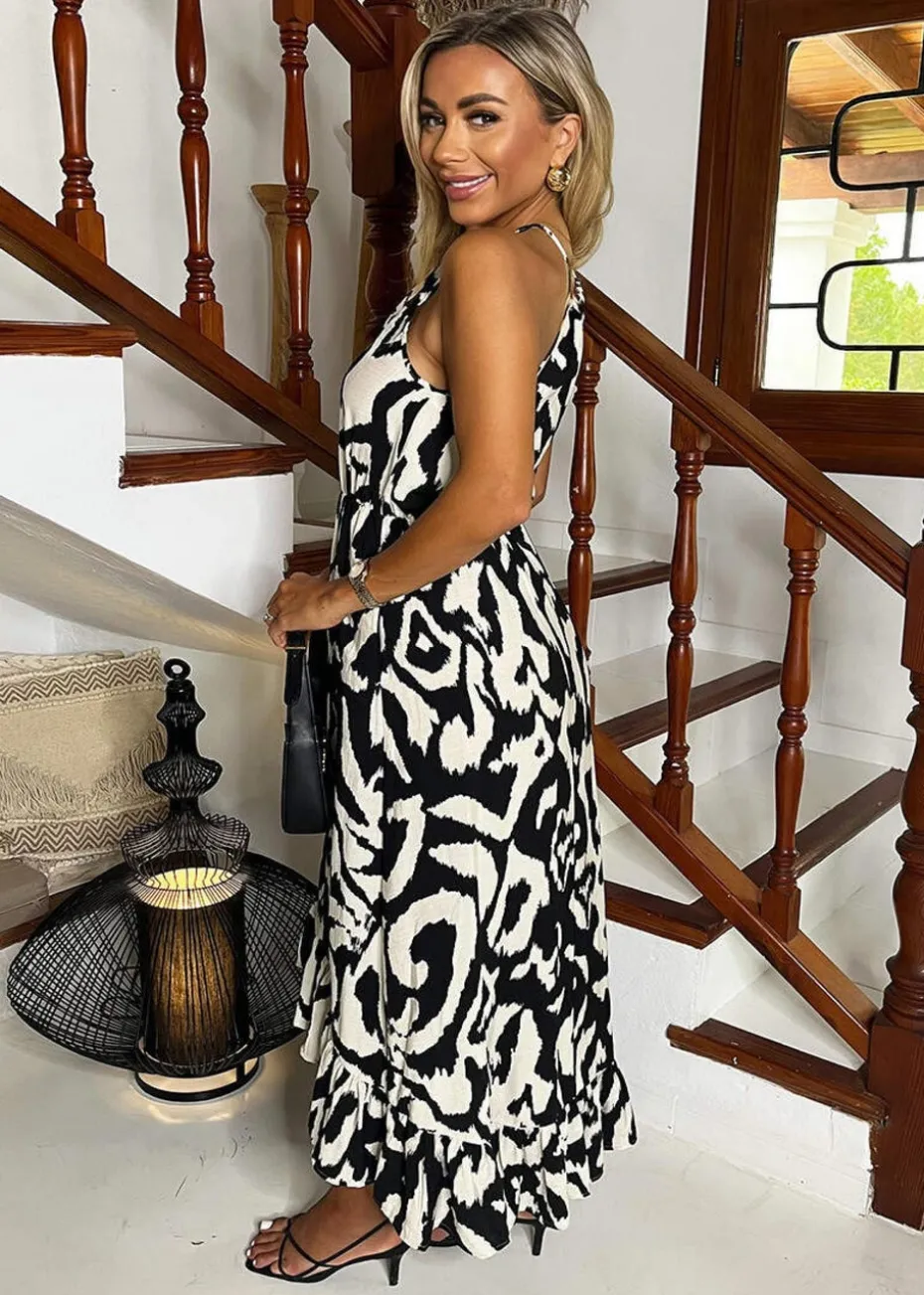 AX Paris Black And White Abstract Print Racer Neck Frill Hem Midi Dress