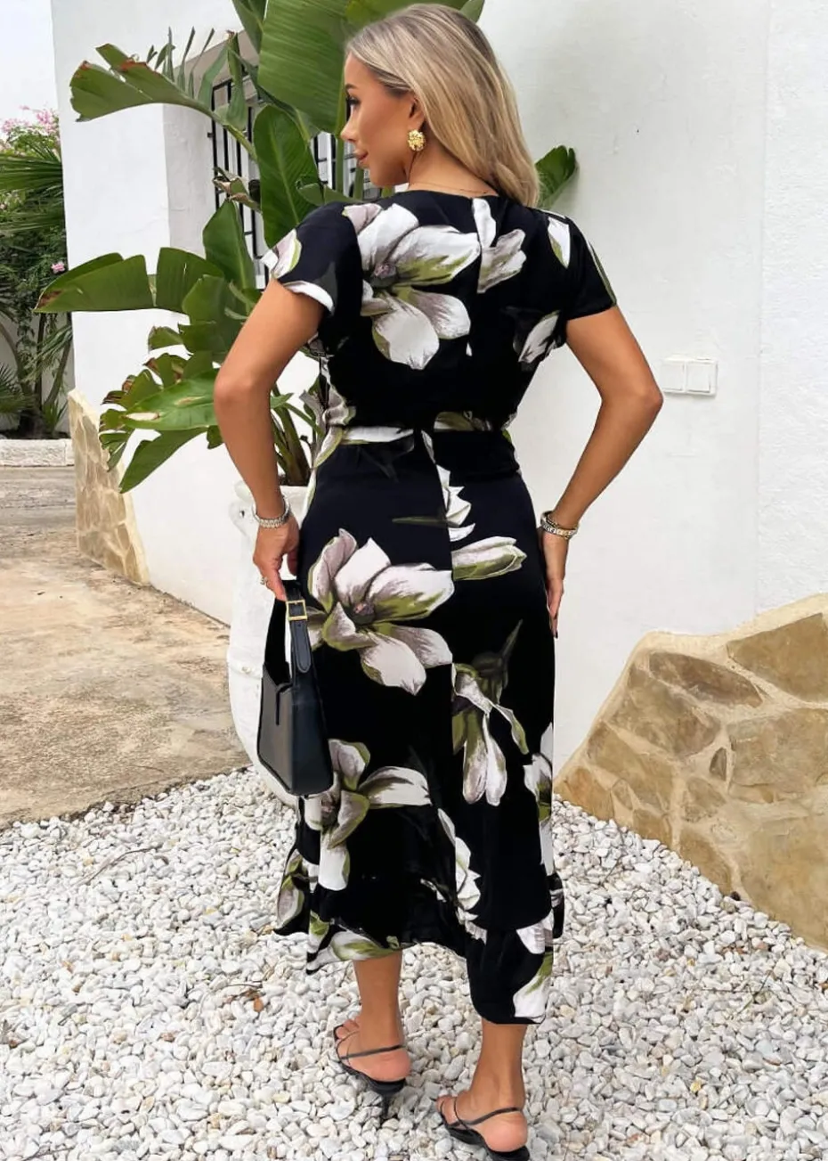 AX Paris Black Floral Print Frill Hem Wrap Midi Dress