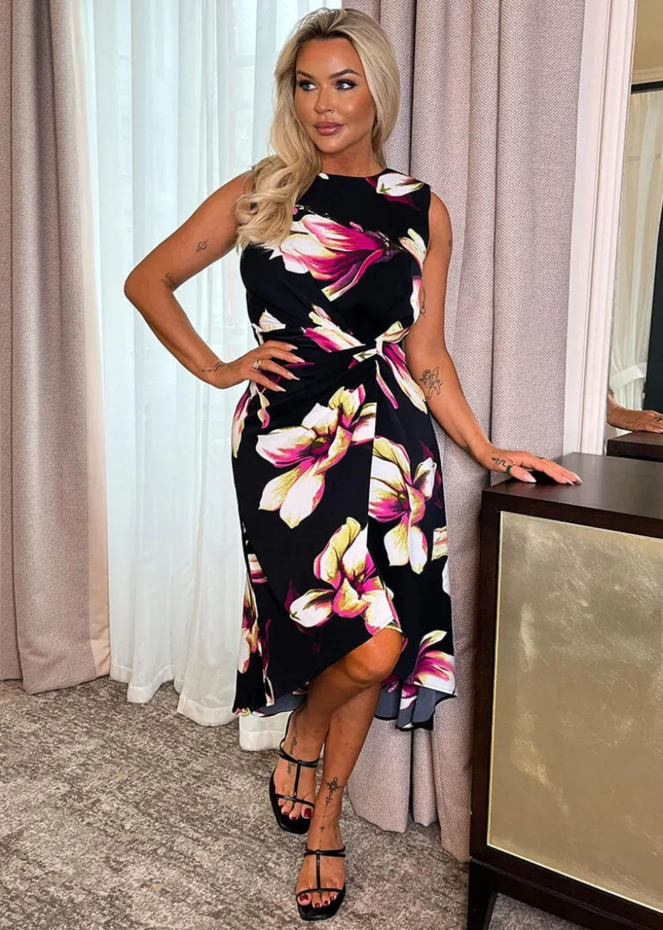AX Paris Black Floral Print Gathered Midi Dress With Shoulder Pads