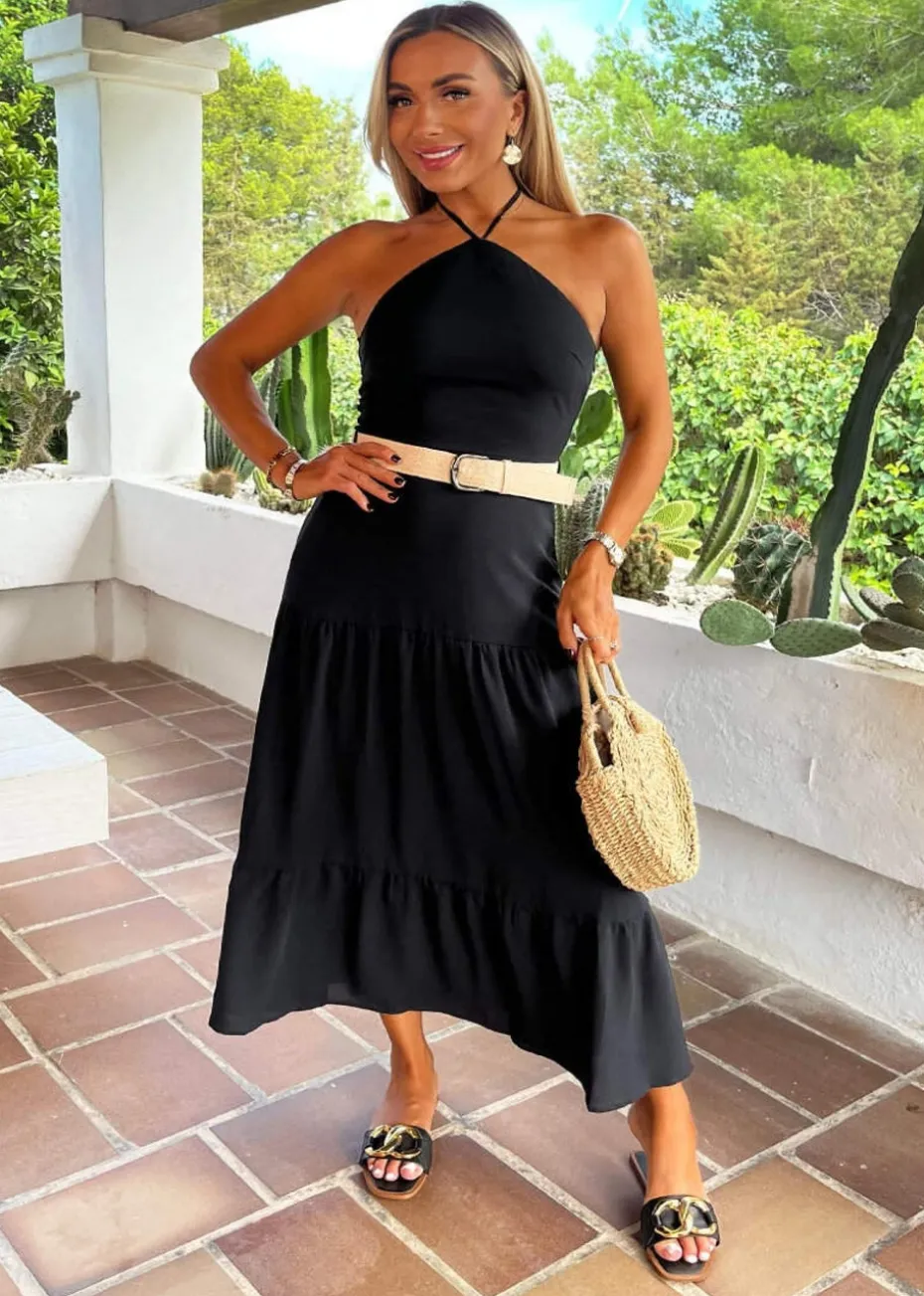 AX Paris Black Halterneck Straw Belt Tiered Midi Dress