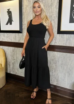 AX Paris Black Round Neck Ribbed Top Tiered Skirt Midi Dress