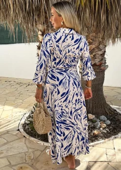 AX Paris Blue Brush Stroke Print 3/4 Sleeve Shirt Midi Dress