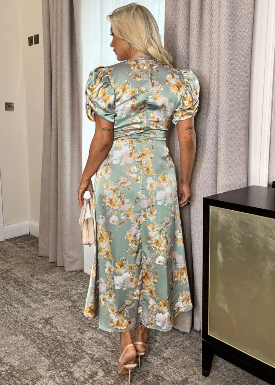 AX Paris Duck Egg Floral Print Puff Sleeve Gathered Side Midi Dress