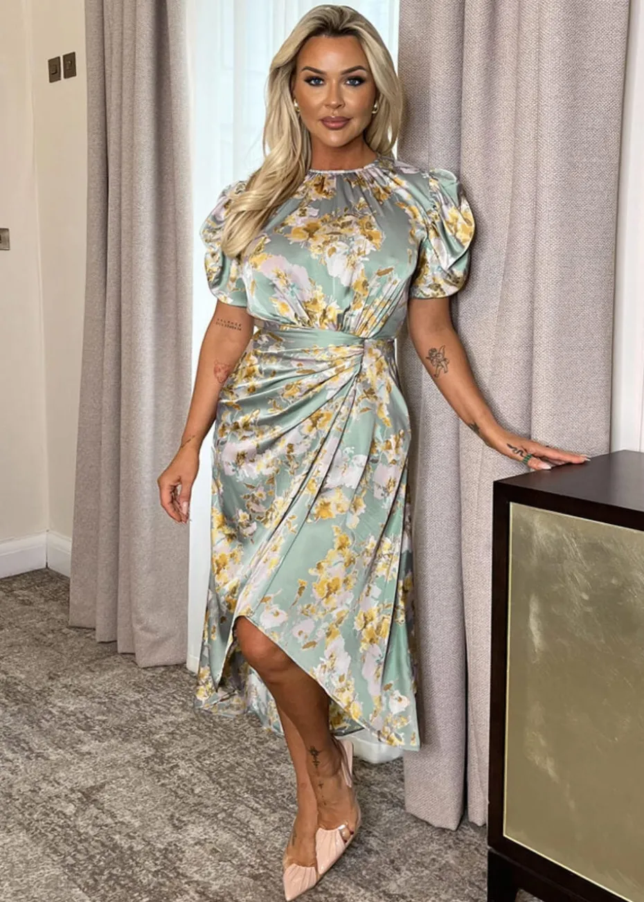 AX Paris Duck Egg Floral Print Puff Sleeve Gathered Side Midi Dress