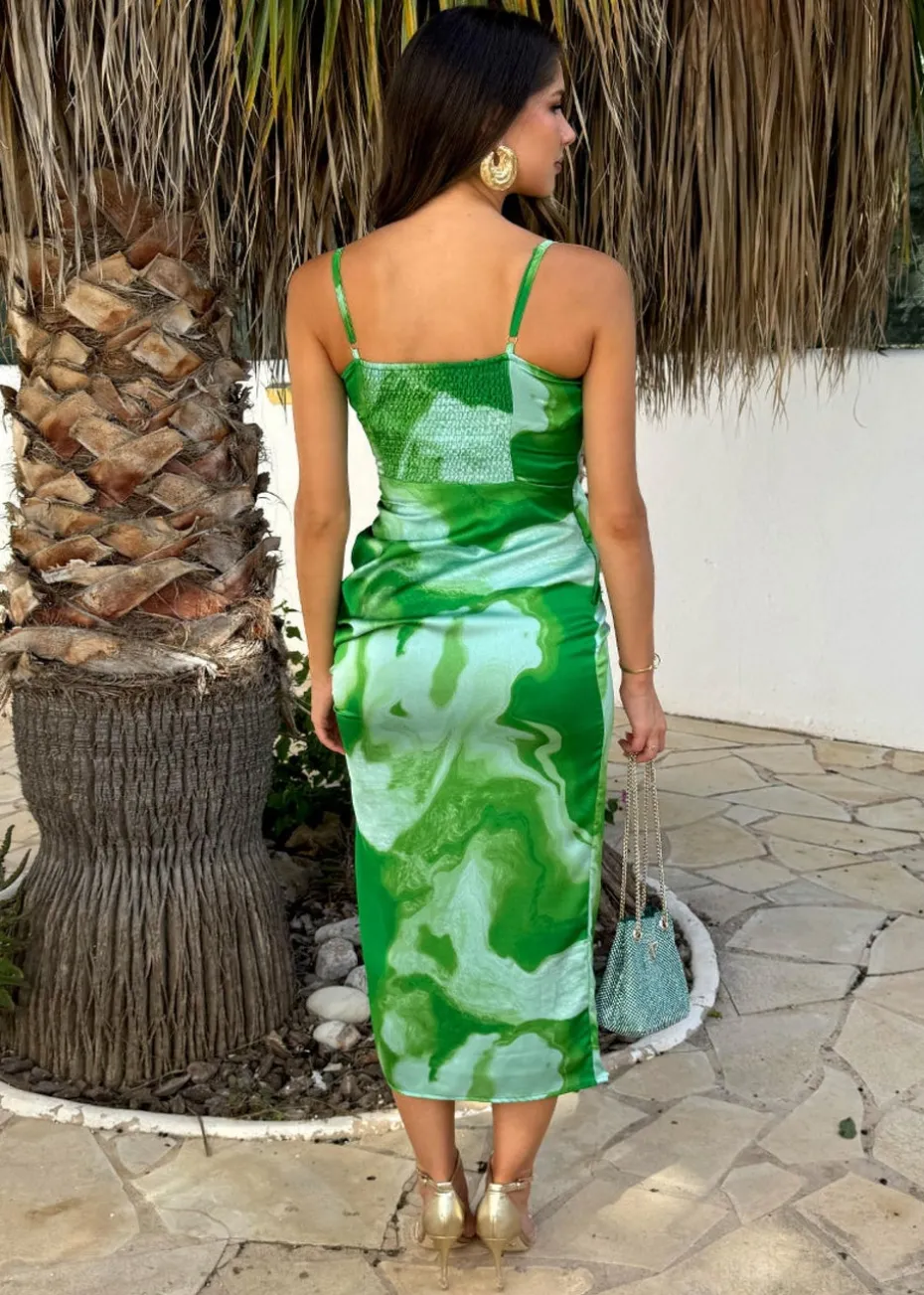 AX Paris Green Tie Dye Print Ruched Side Strappy Midi Dress