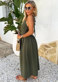 AX Paris Khaki Drawstring Tie Straps Ruched Top Midi Dress