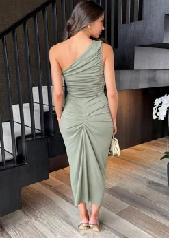 AX Paris Light Khaki One Shoulder Knot Skirt Midi Dress