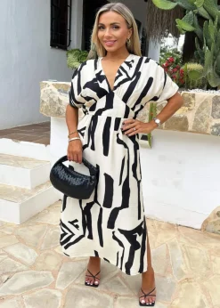 AX Paris Multi Abstract Print V Neck Batwing Midi Dress