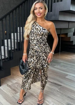 AX Paris Multi Leopard Print One Shoulder Knot Skirt Satin Midi Dress