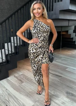 AX Paris Multi Leopard Print One Shoulder Knot Skirt Satin Midi Dress