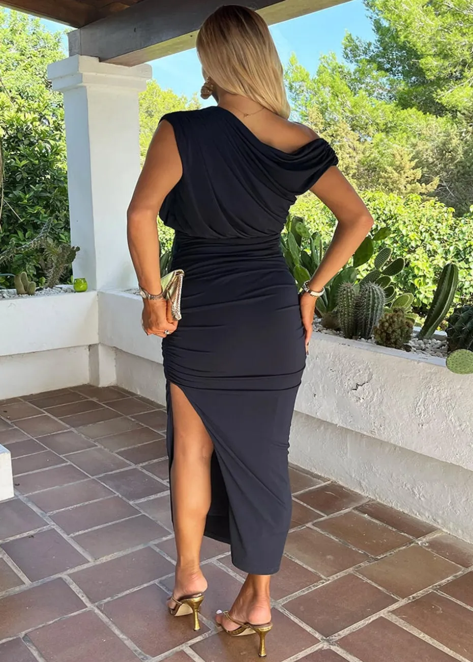 AX Paris Navy Off The Shoulder Draped Top Midi Dress