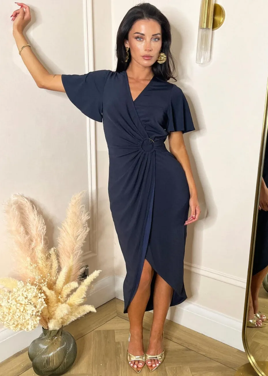 AX Paris Navy Short Sleeve Ring Detail Wrap Midi Dress