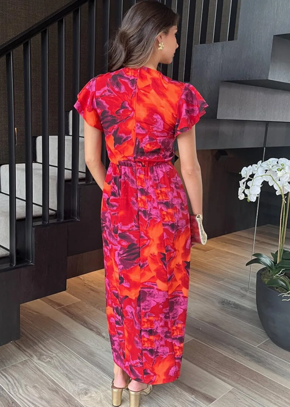 AX Paris Orange Abstract Print Flutter Sleeve Midi Dress