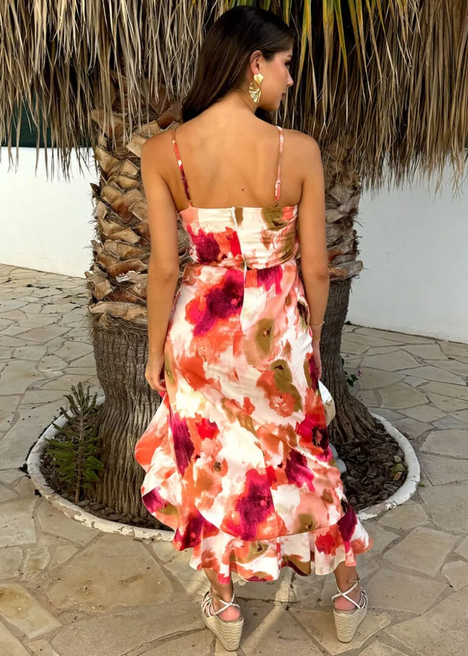 AX Paris Peach Smudge Print Racer Neck High Low Frill Hem Midi Dress