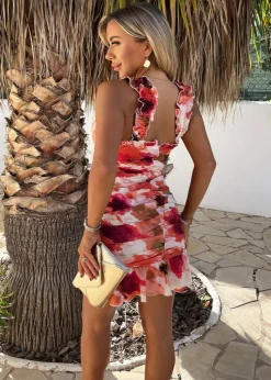 AX Paris Peach Smudge Print Ruched Frill Straps Mini Dress
