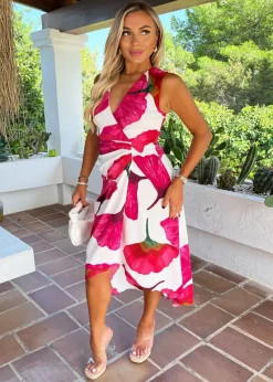 AX Paris Pink Floral Print Wrap Top Gathered Midi Dress