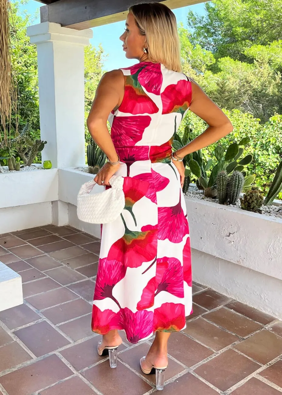 AX Paris Pink Floral Print Wrap Top Gathered Midi Dress