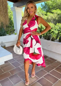 AX Paris Pink Floral Print Wrap Top Gathered Midi Dress