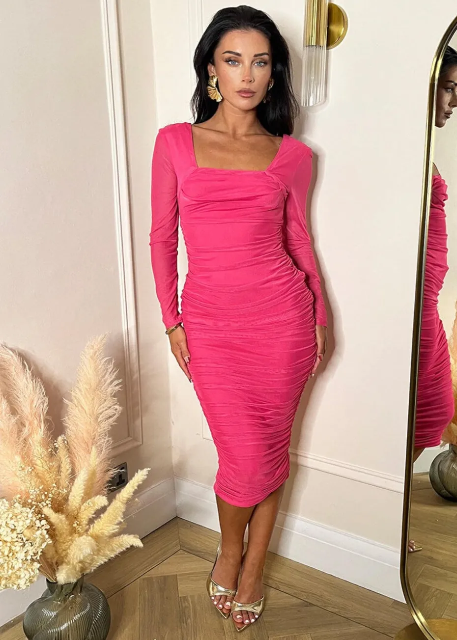 AX Paris Pink Square Neck Long Sleeve Ruched Bodycon Mesh Midi Dress