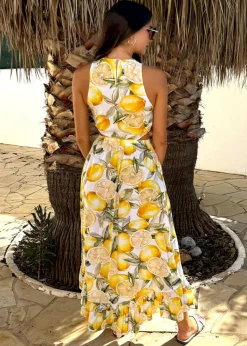 AX Paris Yellow Lemon Print Waist Cut Out Frill Hem Midi Dress