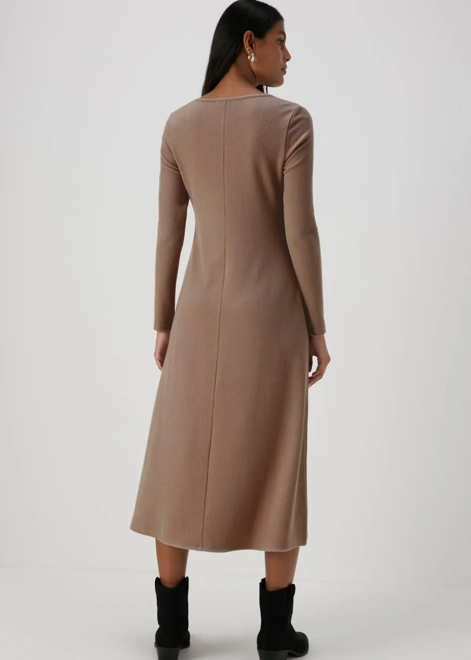 Beige Ribbed Scoop Neck Midi Dress