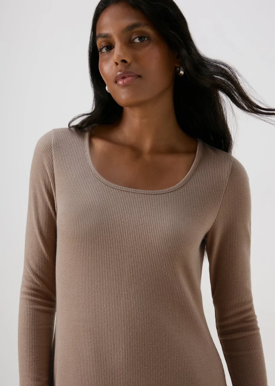 Beige Ribbed Scoop Neck Midi Dress