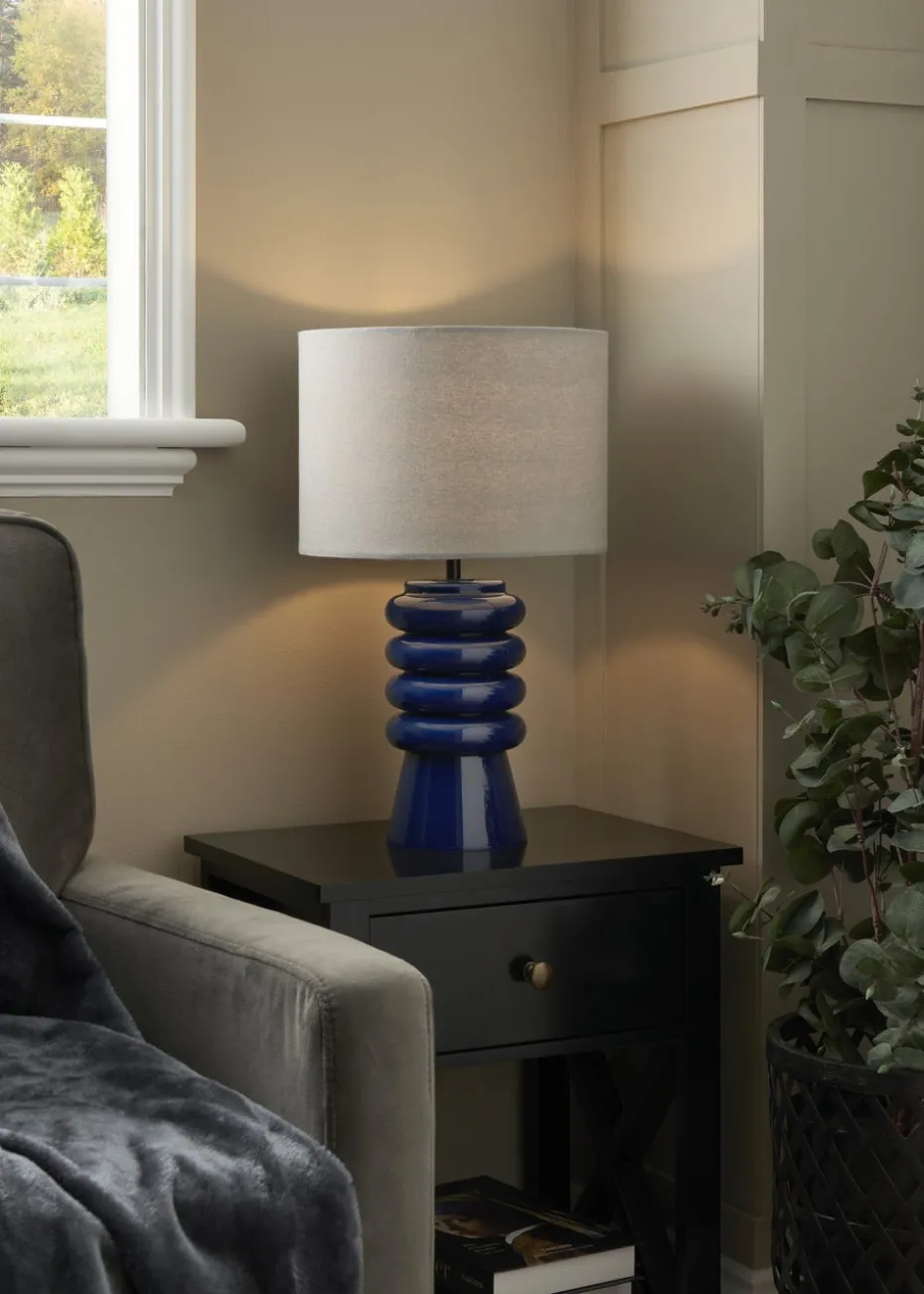 BHS Fava Ribbed Glass Table Lamp Blue (45cm x 27cm)
