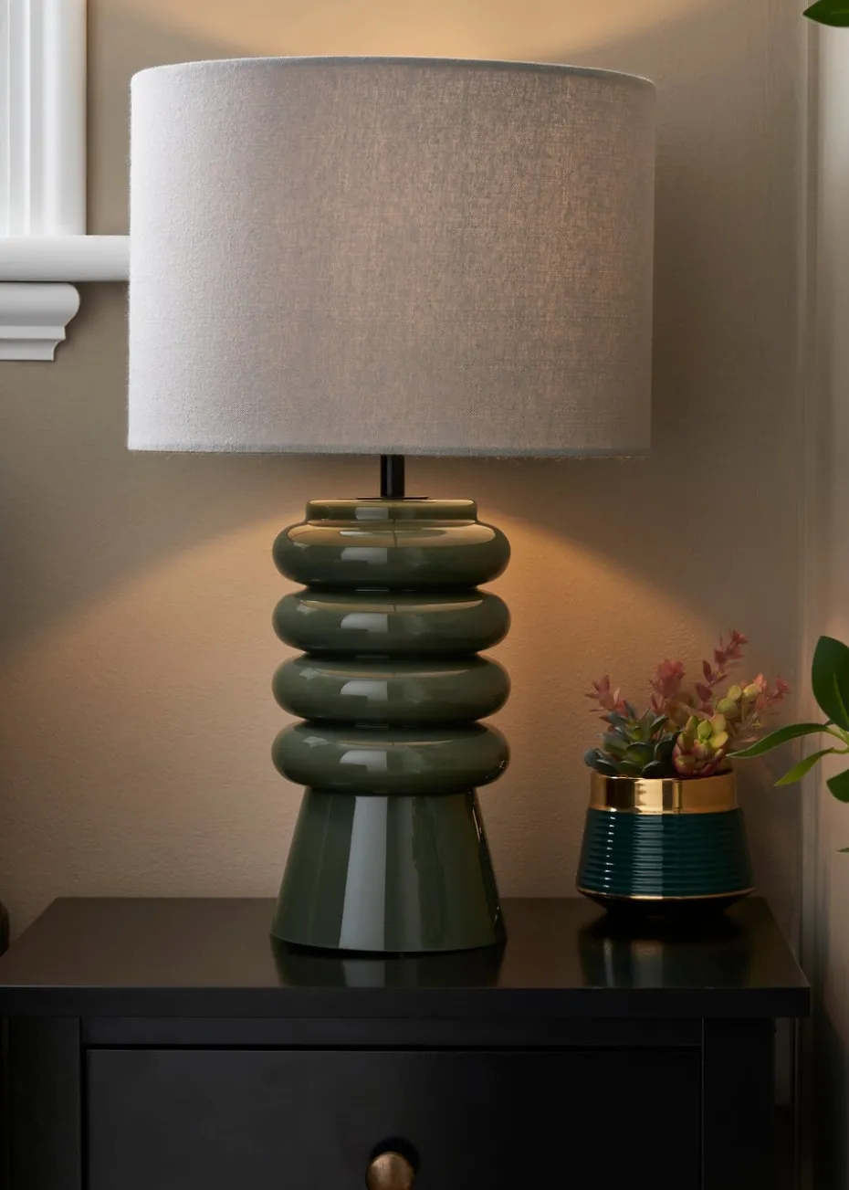BHS Fava Ribbed Glass Table Lamp Green (45cm x 27cm)