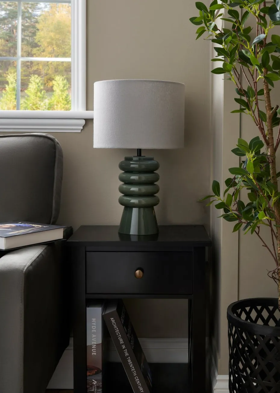 BHS Fava Ribbed Glass Table Lamp Green (45cm x 27cm)