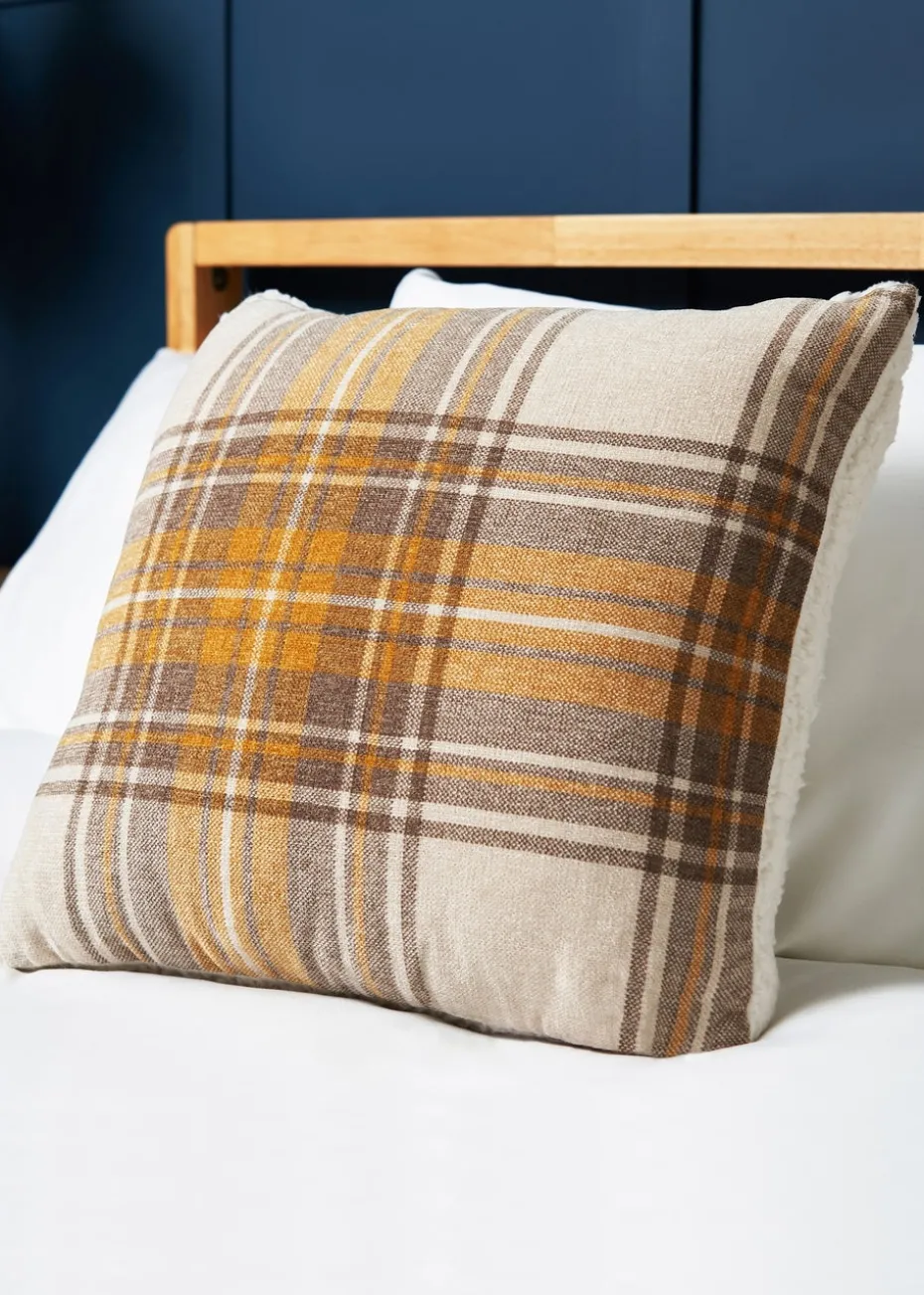 BHS Luxury Warm Ochre Check Cushion with Faux-Shearling (40x40cm)