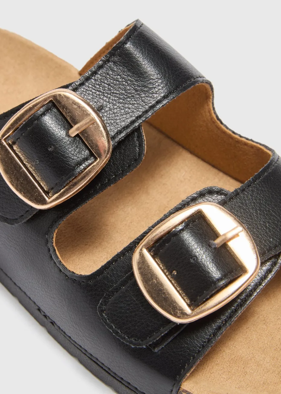 Black Double Buckle Footbed Sandals