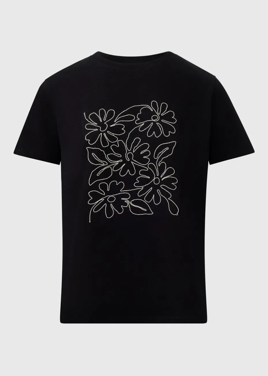 Black Floral Embroidered T-Shirt
