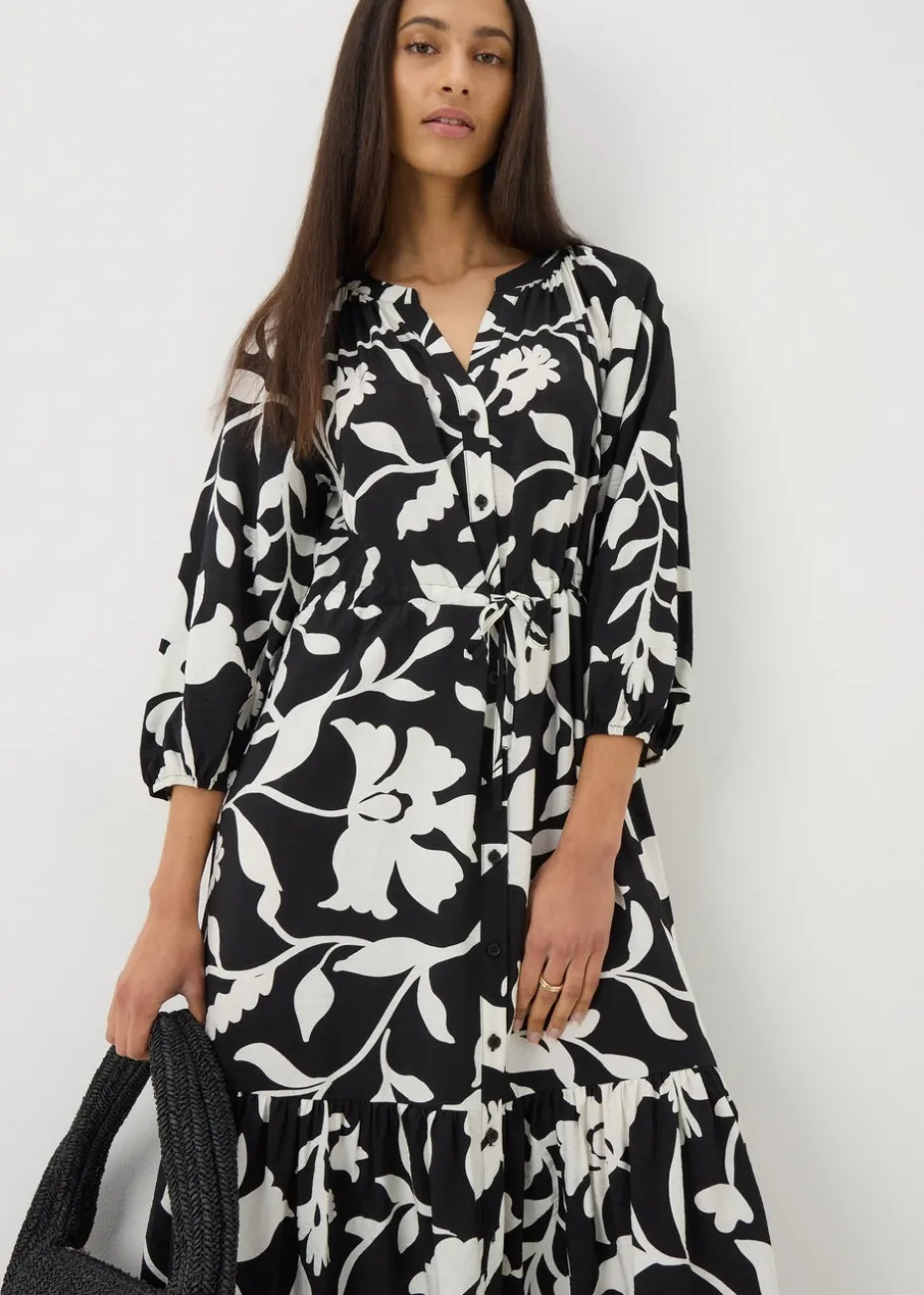 Black Floral Raglan Midi Shirt Dress