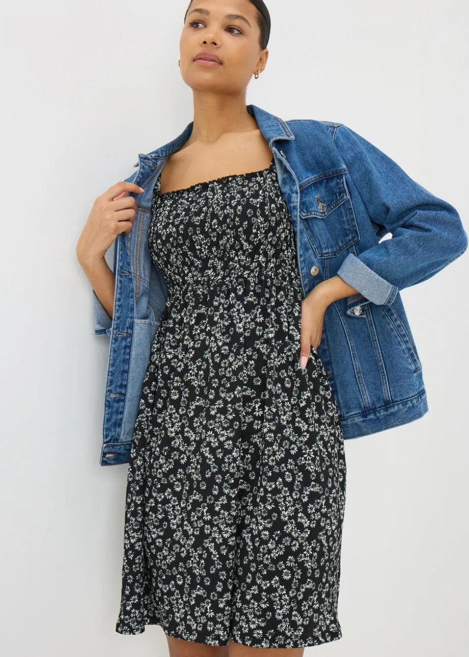 Black Monochrome Floral Shirred Mini Dress