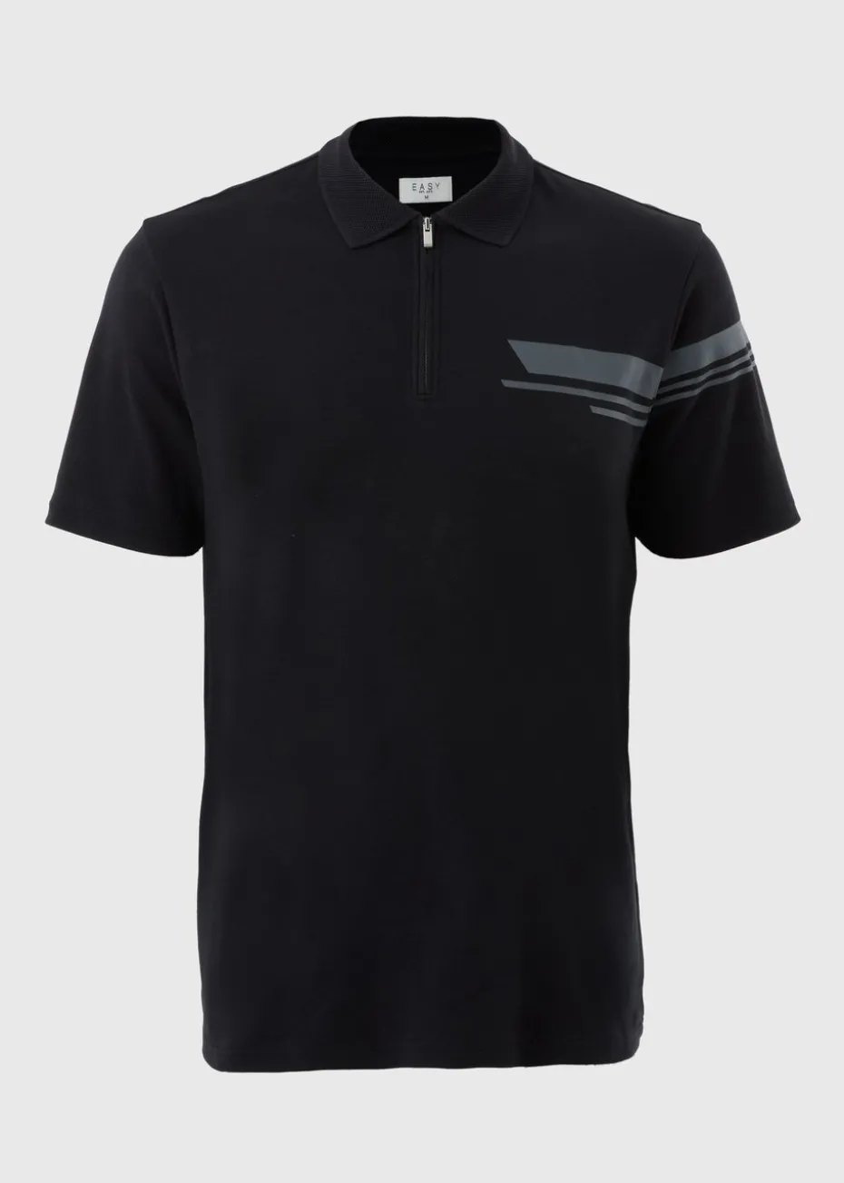 Black Shoulder Print 1/4 Zip Polo Shirt