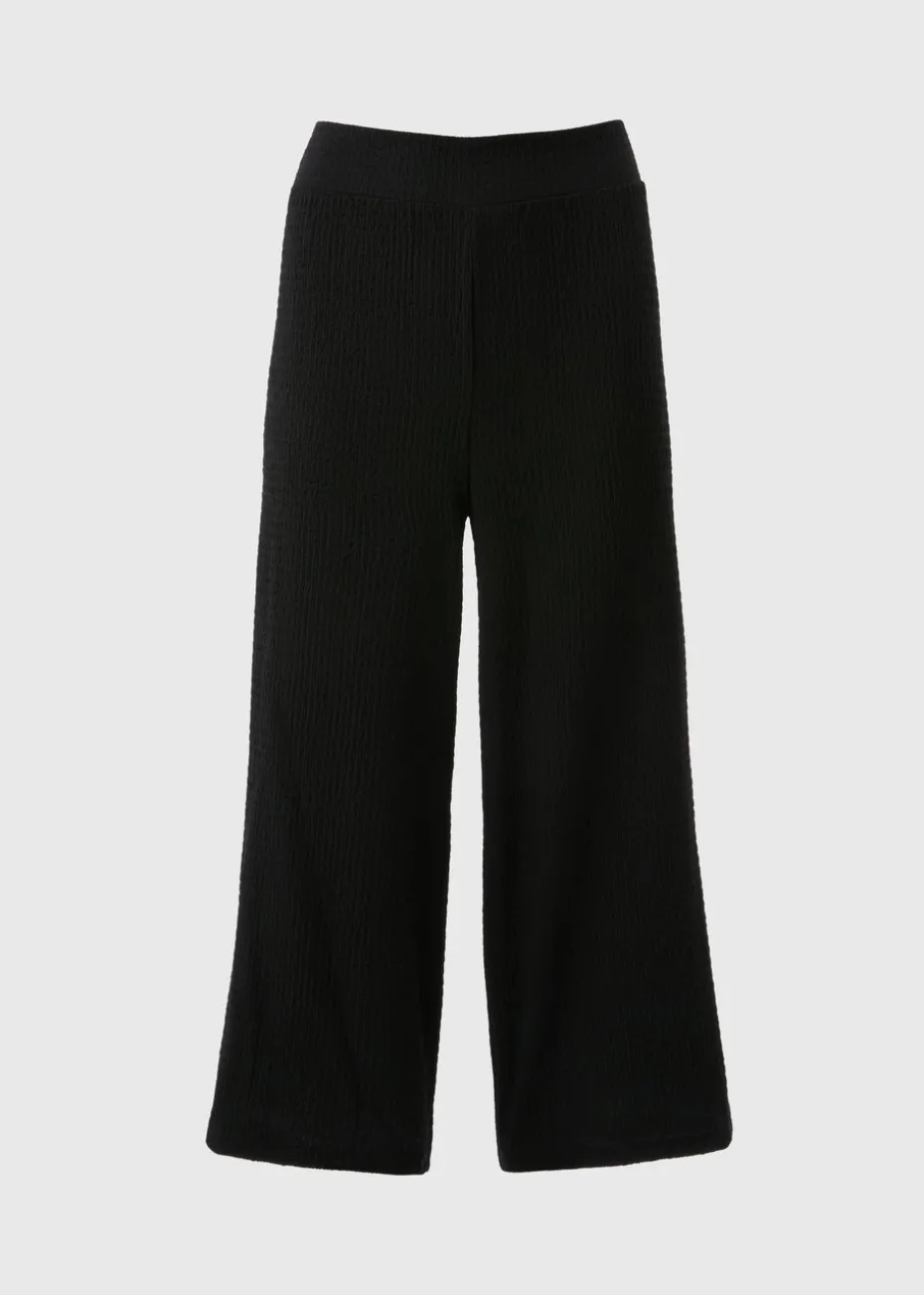 Black Textured Cropped Wide Leg Trousers