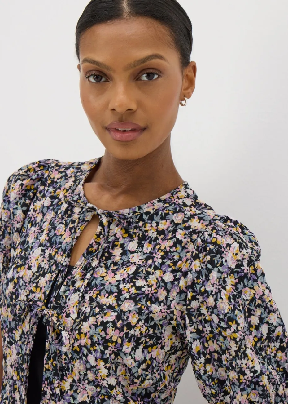 Black Tie Front Peplum Floral Blouse