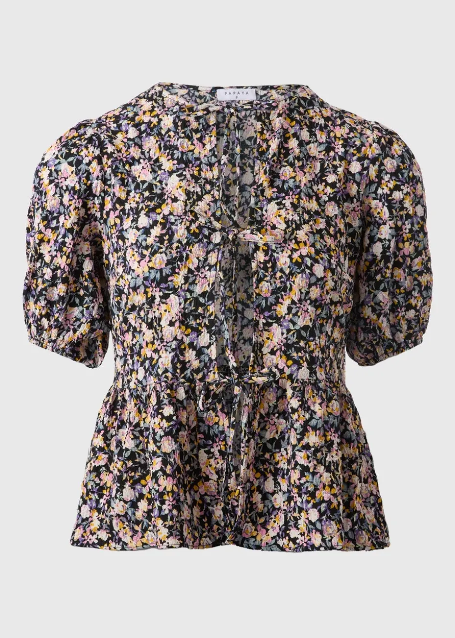 Black Tie Front Peplum Floral Blouse