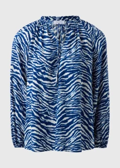 Blue Animal Print Tie Neck Blouse