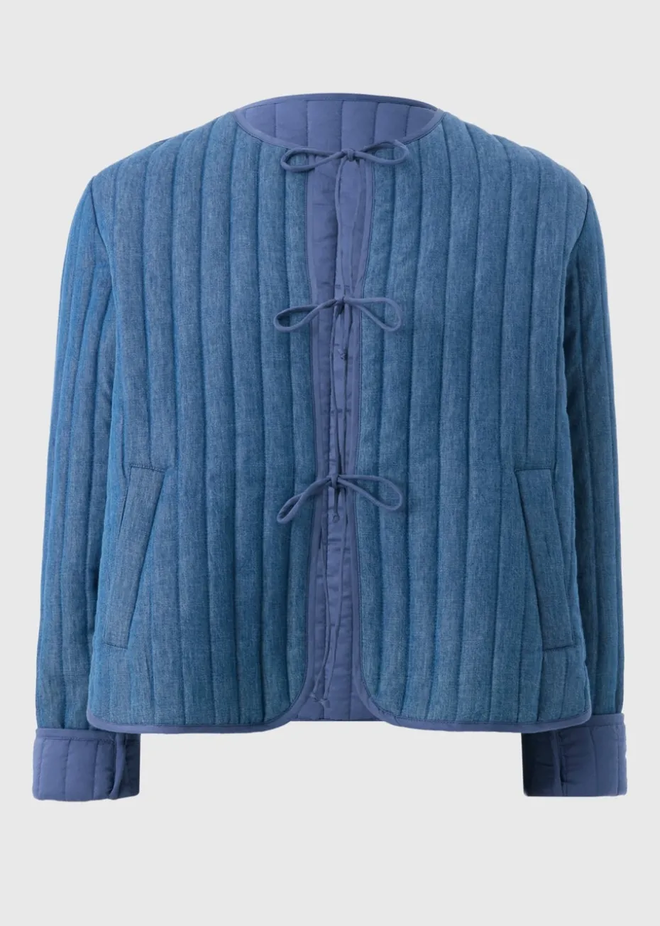 Blue Quilted Denim Tie Front Jacket